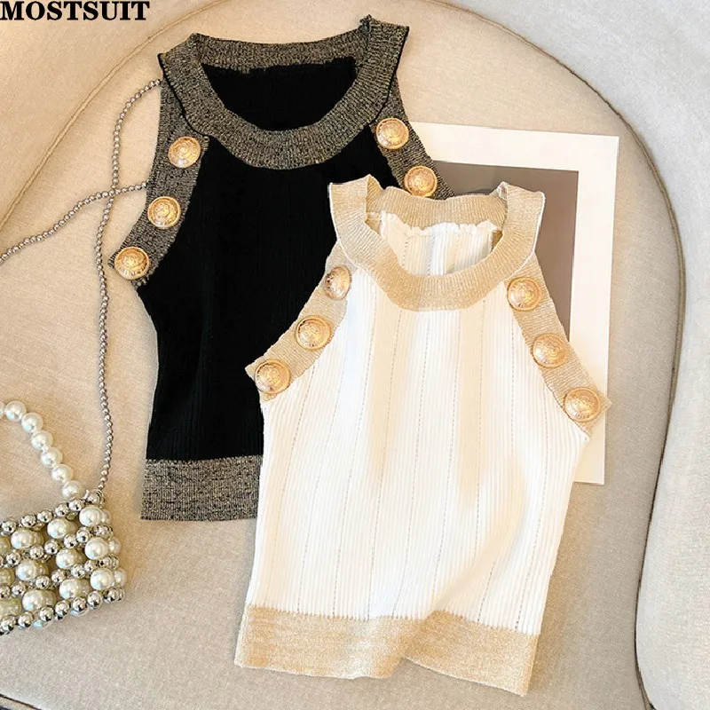 Stylish Sexy Slim Knit Women's Vest Crop Tops 2023 Summer Sleeveless Gold Buttons Knitwear Vintage Streetwear Chic Vests Jumpers