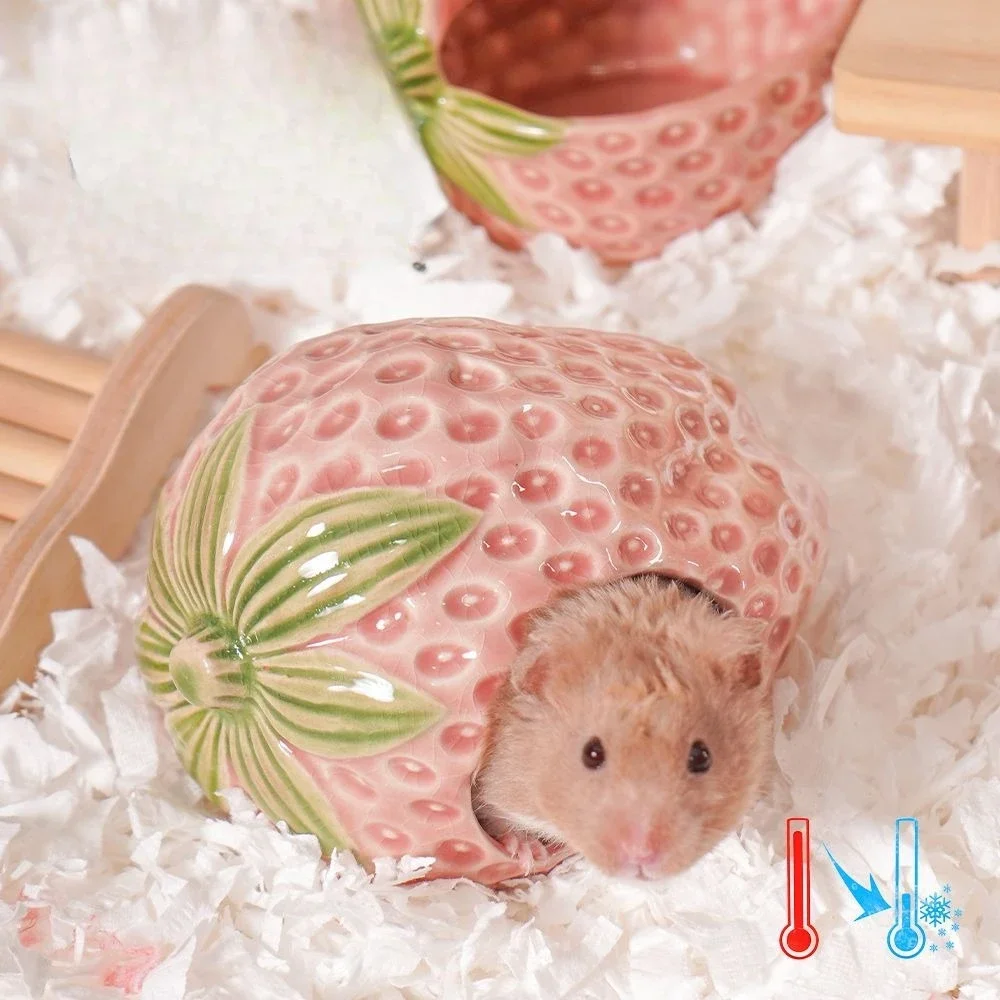 Cute Ceramic Strawberry House Pet Items Hamster Cage Small Pet Bowl for Rabbit Ferret Rat Chinchilla Hedgehog Pet Products