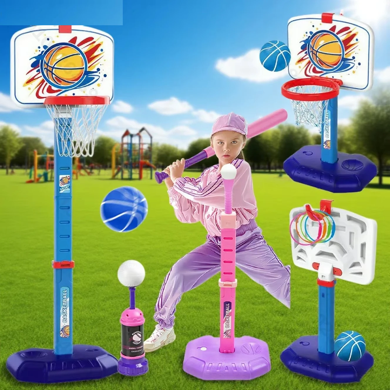 

4 in 1 Toddler Adjustable Basketball Shooting 77-140CM Stand Baseball Rack for Kids Outdoor Indoor Sports Backboard