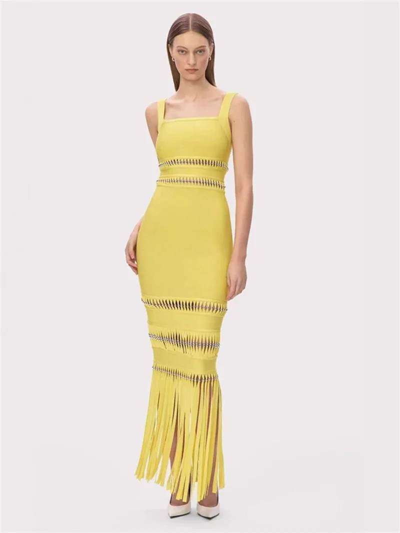 

Women's Yellow Fringe Bodycon Maxi Dress Sleeveless Chain-Detailed Gown Evening Party Stylish Prom Chic Cocktail Skirt In Stock