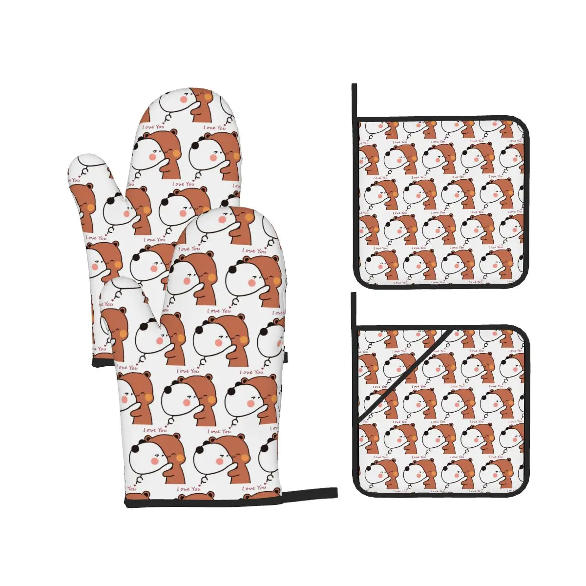 Bubu Dudu Panda And Brownie Bear Couple Oven Mitts and Pot Holder Sets of 4 for Baking Cooking BBQ Resistant Non-Slip Gloves