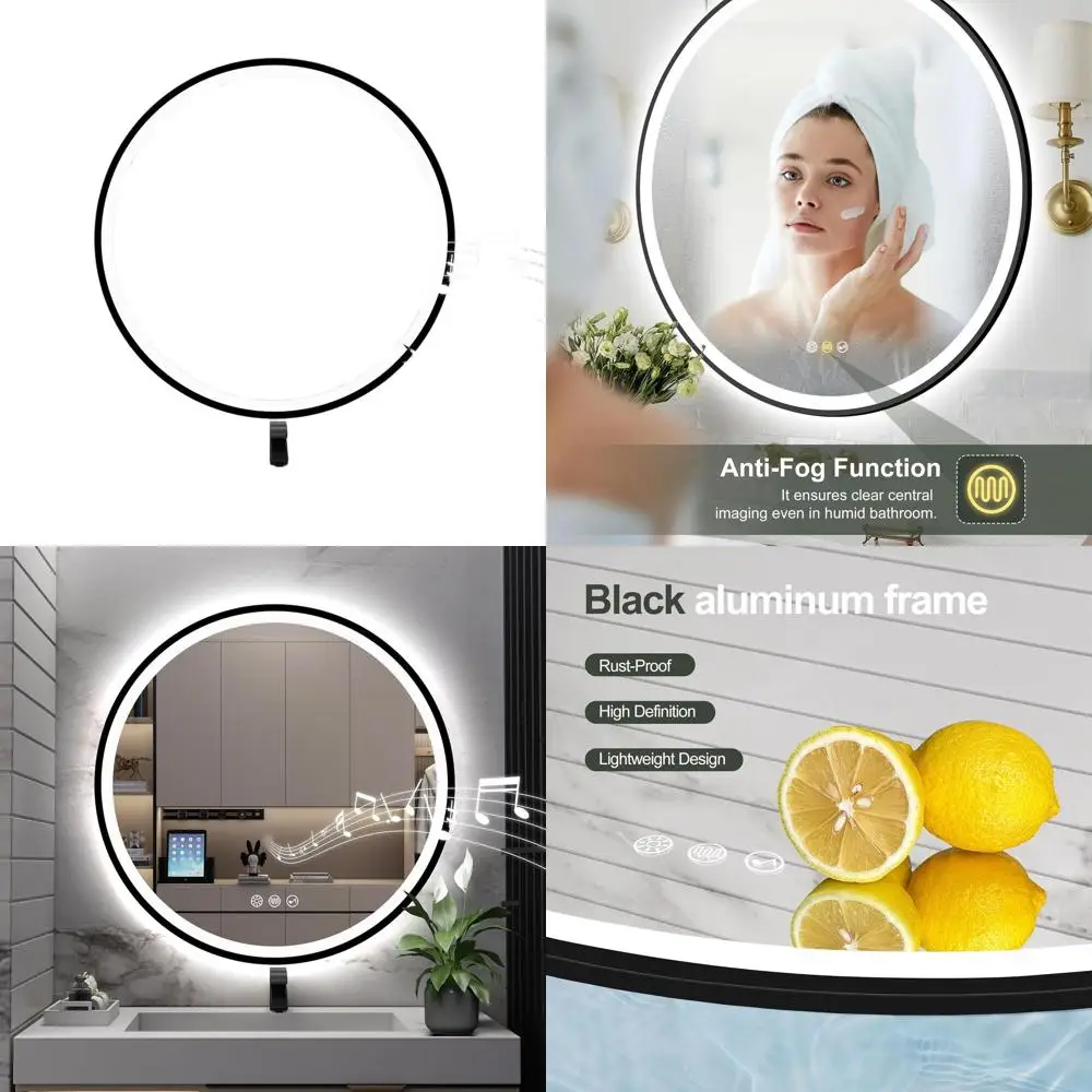 

24-дюймовое круглое светодиодное зеркало для ванной с подсветкой, настенное зеркало для макияжа, Bluetooth, защита от запотевания, регулировка яркости, 3 цвета, закаленное стекло