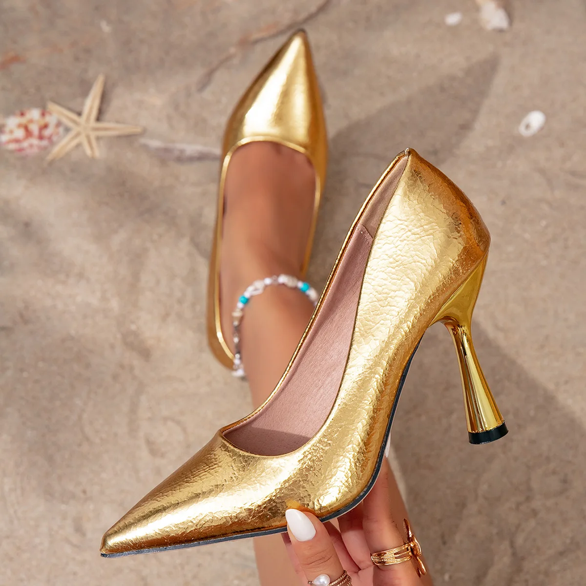 

Bloomsteps High-End gold Pointed-Toe High Heels, Stiletto Party Shoes, Plus Size Fashion Shoes