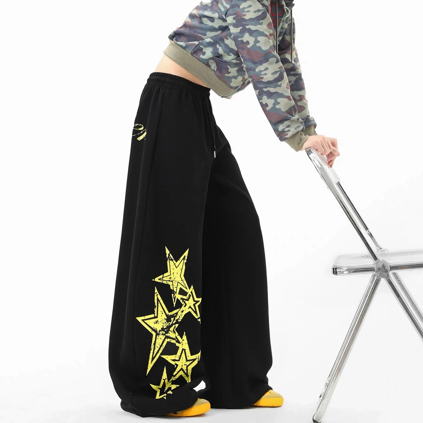 

American Retro Star Print Sweatpants Loose Wide Leg Pants for Men And Women Jazz Dance Spor Autumnal Casual Trousers