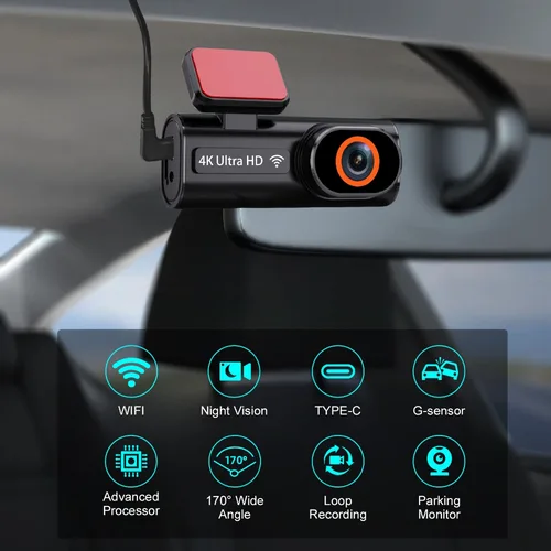 Imagen 2 del producto Cámara de salpicadero frontal Ultra HD 4K para coche, Mini WIFI DVR, caja negra para habitación con Monitor de estacionamiento 24H, visión nocturna, GPS/cámara de visión trasera opcional