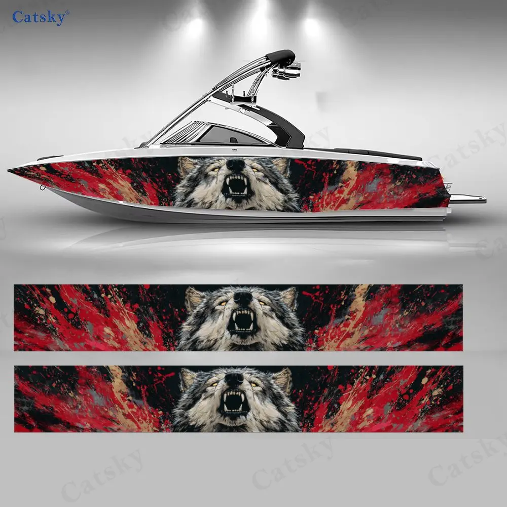 2Pcs Red Ink Wolf Howl Boat Stickers, PVC Waterproof Durable Vinyl Wrap Decals for Fishing Boats, Durable and Stylish Design