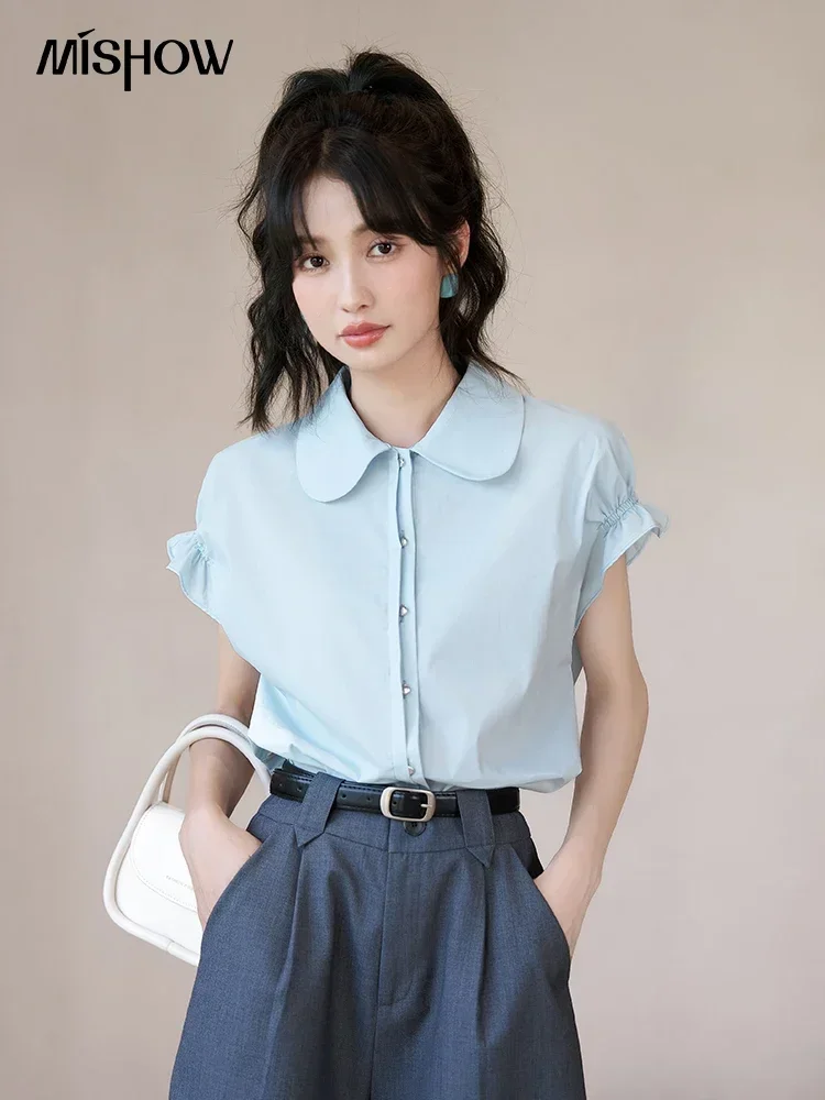 MISHOW Flower Bud Sleeve Shirt Summer 2024 Korean Peter Pan Collar Single Breasted Button Flying Sleeve Solid Tops MXC38C0065