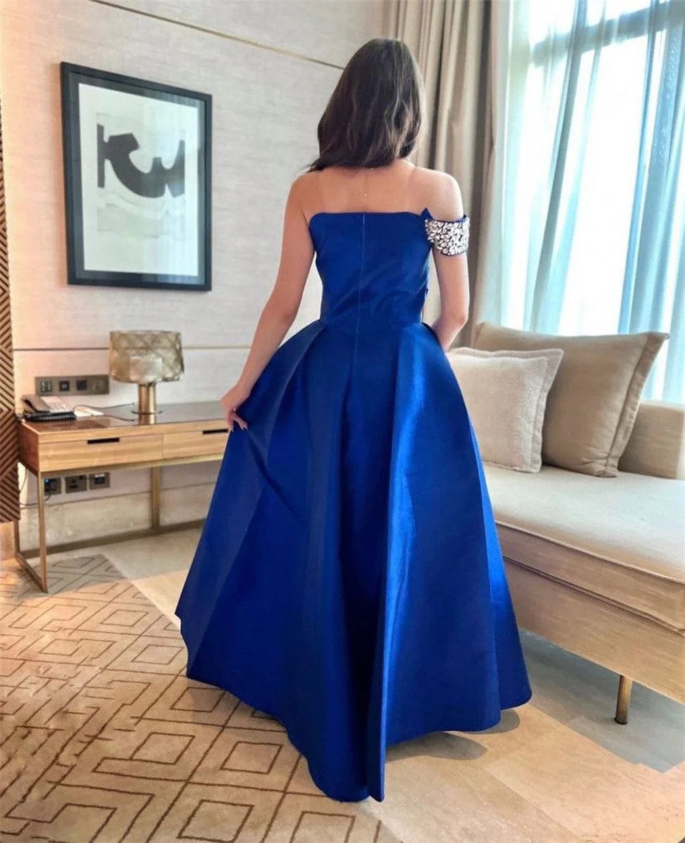 Cathy Sexy One Sleeve A-line فساتين مناسبة رسمية Sapphire Blue Thick Satin Prom Dress 2023 Sequins On Chest Vestidos De Noche