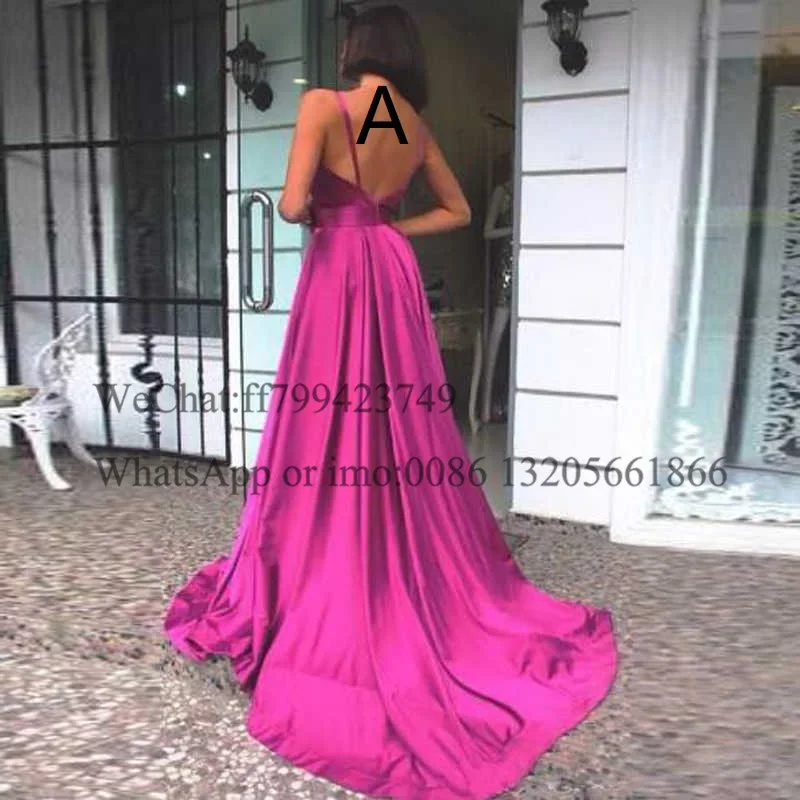 Fuchsia V Leher Backless Prom Gaun Panjang Garis Spaghetti Strap فساتين السهرة Sapu Kereta Gaun Malam Pesta untuk Wanita