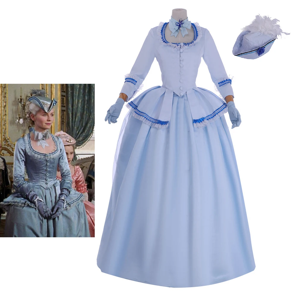 

Movie Cosplay Marie Antoinette Blue Dress with Hat Victorian Royal Queen Rococo Ball Gown Women's Elegant Theater Costume