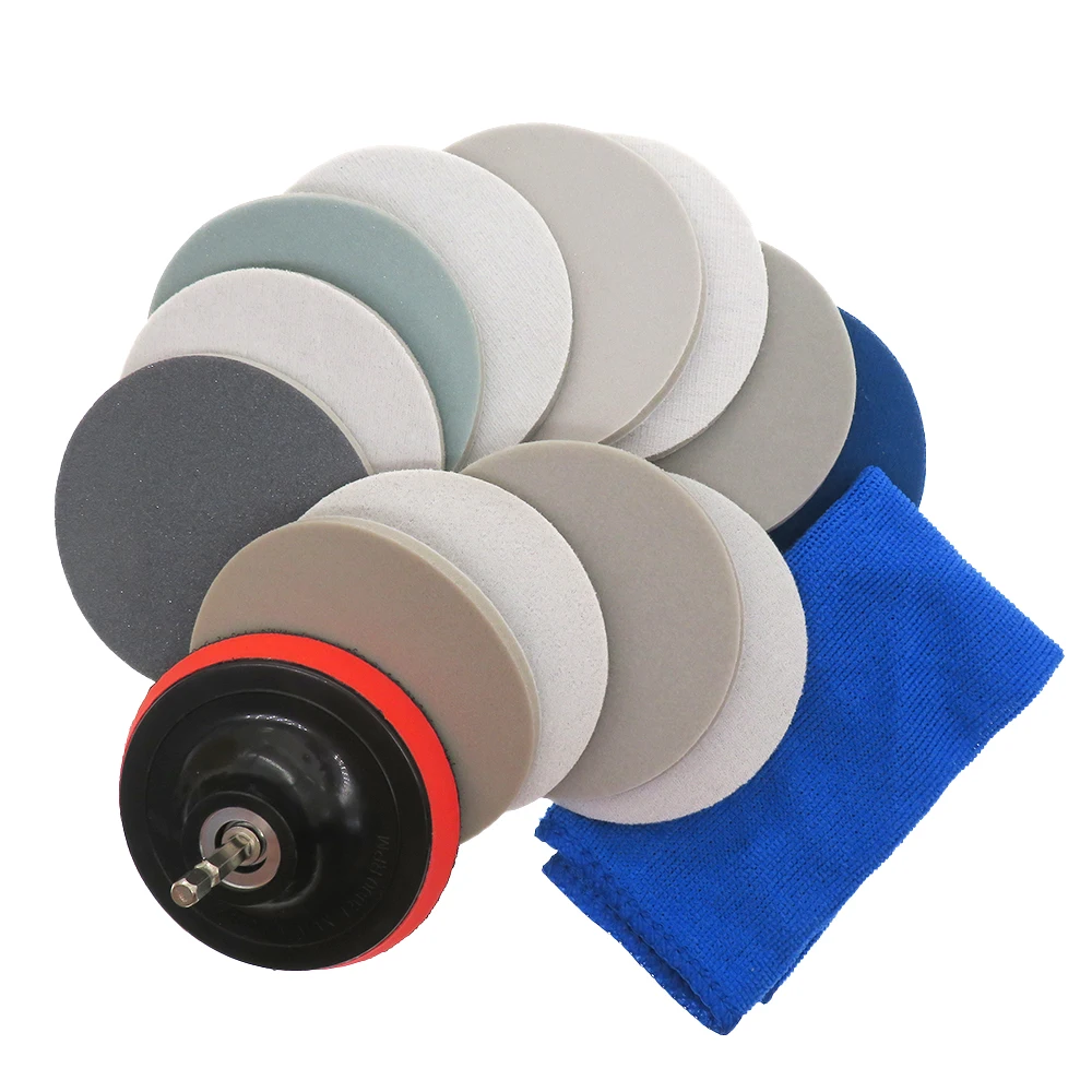 4 Inch Round Sponge Sanding Disc Sandpaper with Backing Pad and Car Washing Towel Hook and Loop 300-3000 Grits for Polishing