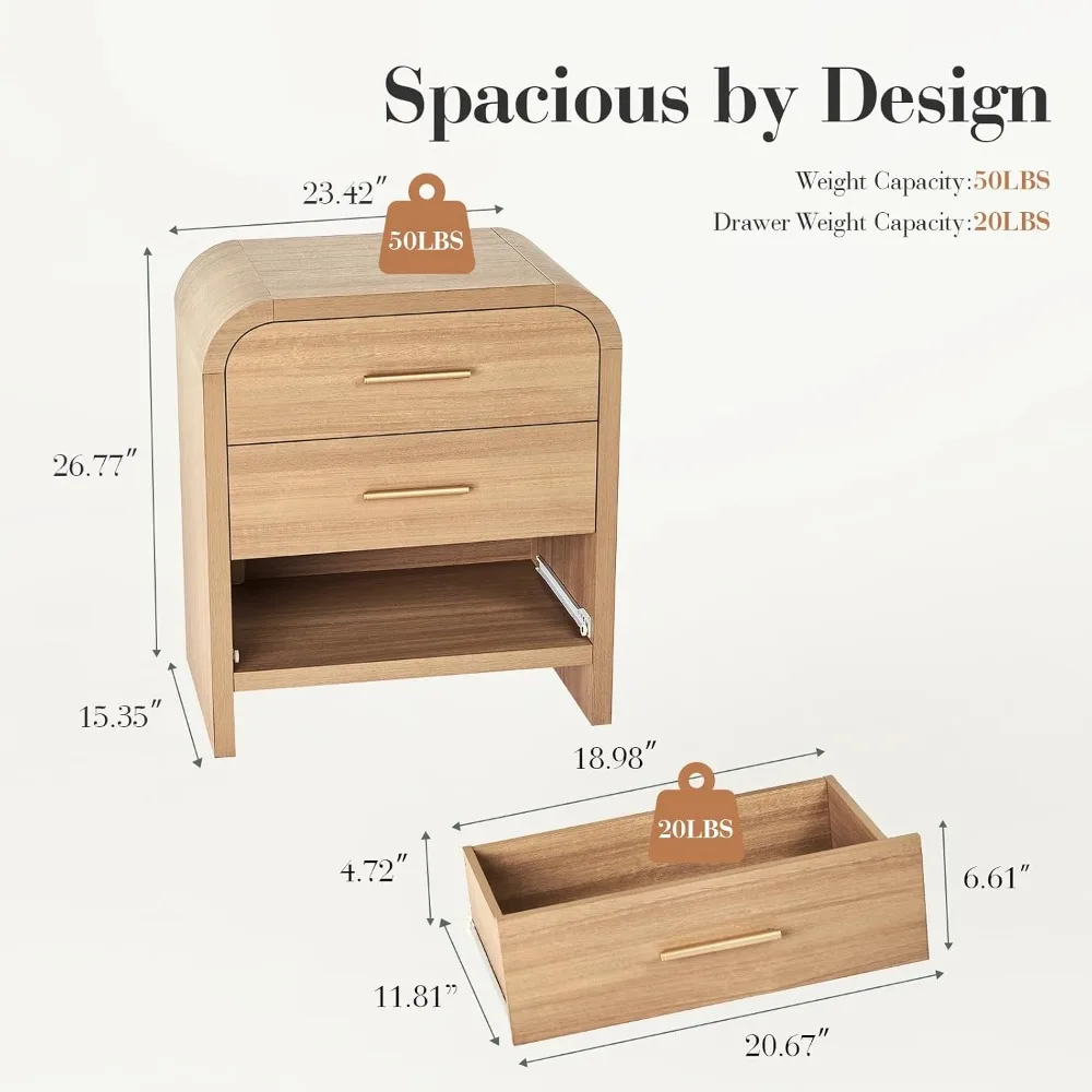 23.5" Curved Farmhouse Nightstand Set of 2 3-Drawer Bedroom End Table, Custom - view 3