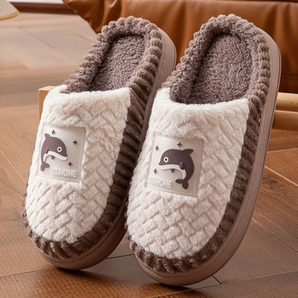 1 Pair Fabric Casual House Slippers Thick Sole Non-Slip Cartoon Slippers Warm Lining Warm Indoor Slippers Home Wear