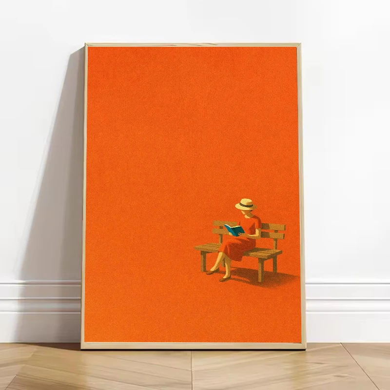 Orange Warm Sunny Woman Reading Book Poster Print Minimalist Wall Art Canvas Painting Aesthetic for Living Room Home Decor