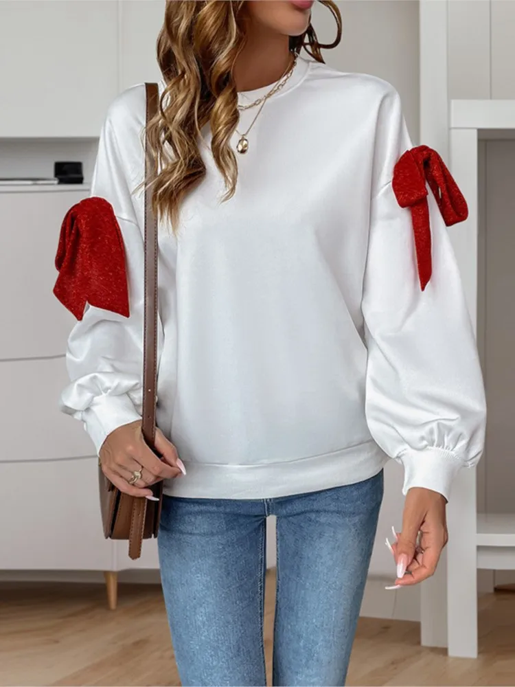

Women's Clothing Casual Sweet Bow Long-sleeved Sweatshirt All-match Loose Simple Style Pullover Comfortable All-match Commuting