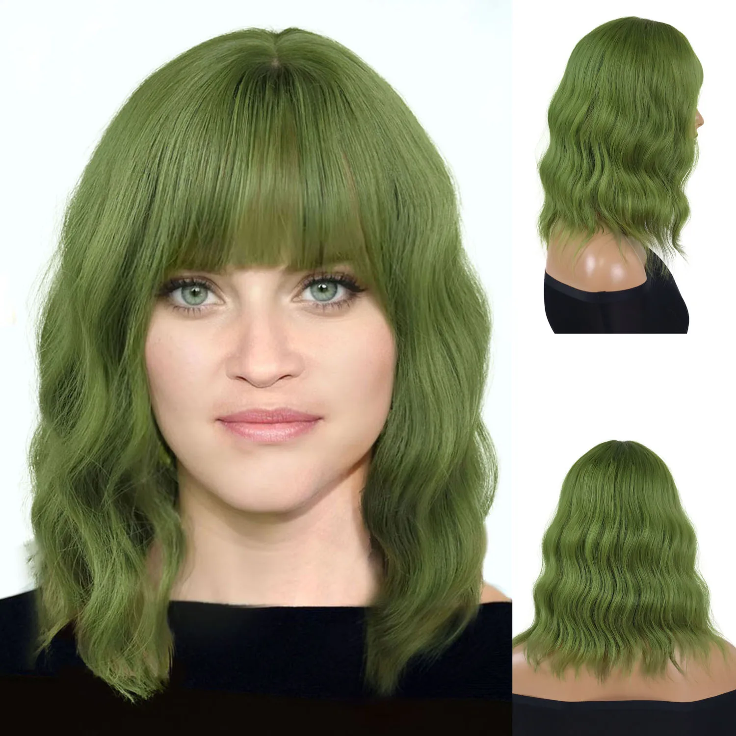 Short Bob Synthetic Green Wigs with Bangs for Women Realistic Wavy Wig Shoulder Length Cosplay Girls Lolita Wig Halloween Party