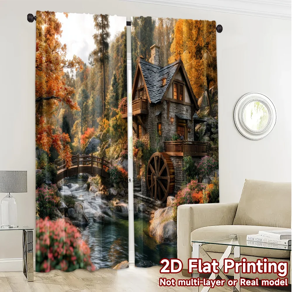 2pcs, 2D FLAT PRINTING Curtains (Without Rod) Autumn Cottage Chic Curtain Fabric Yarn Curtains Thermal Insulation, and Room