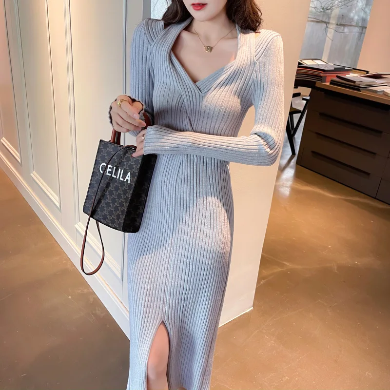 Mikydely Sexy Off-the-shoulder Slit Knit Slim-Fit Dress Long Sleeve  Mid-length Sweater Dress