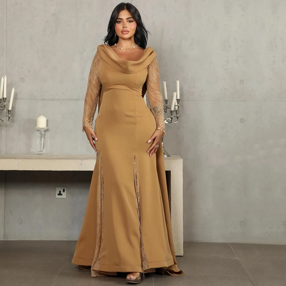 

Customized O-neck ILLUSION Jersey Evening Dress Lace Full Sleeves Mermaid Party Dress Backless Ankle Length Prom Gown