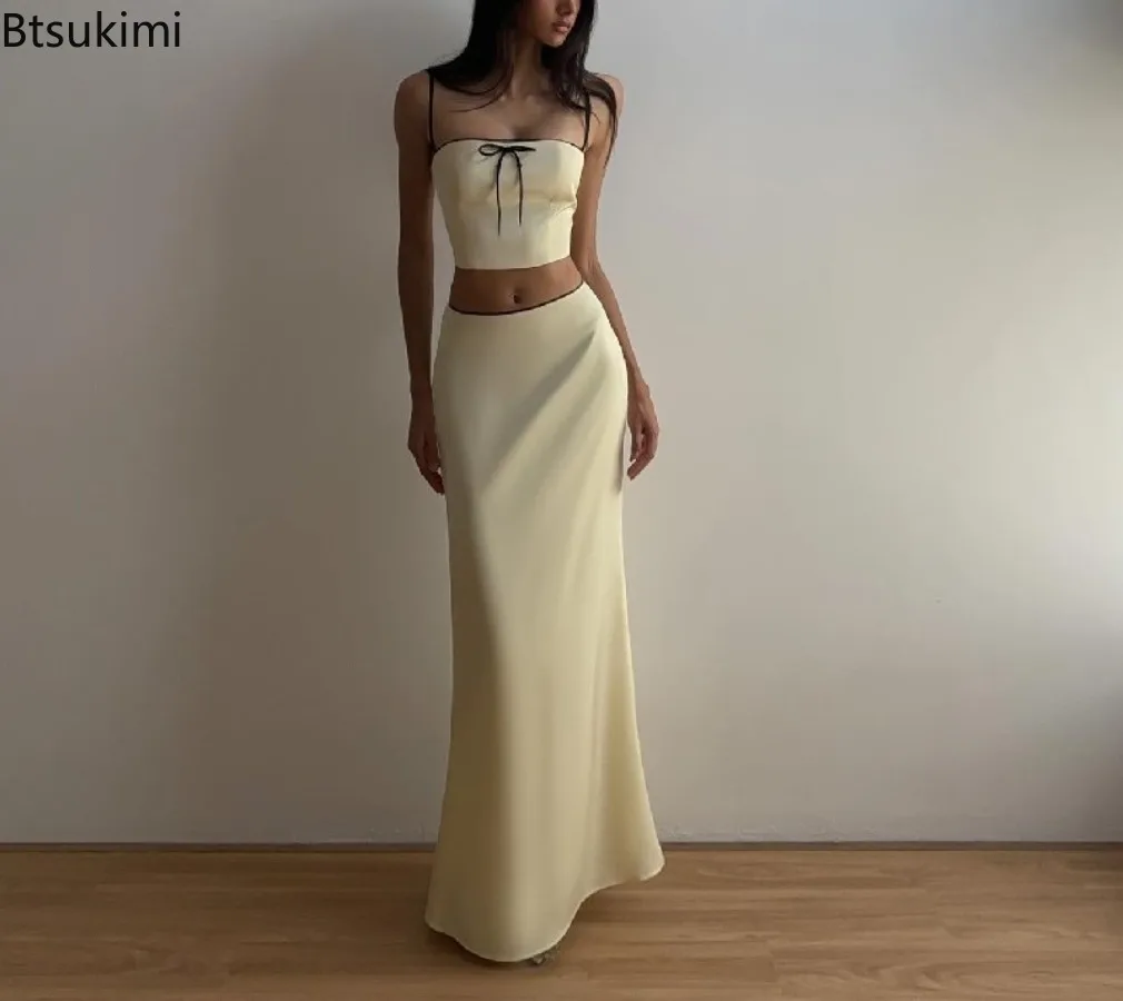 New Summer Sexy Camis Skirt Two Piece Set Women Sleeveless Crop Top and High Waist Skirt Solid Slim Club Party Streetwear Suit