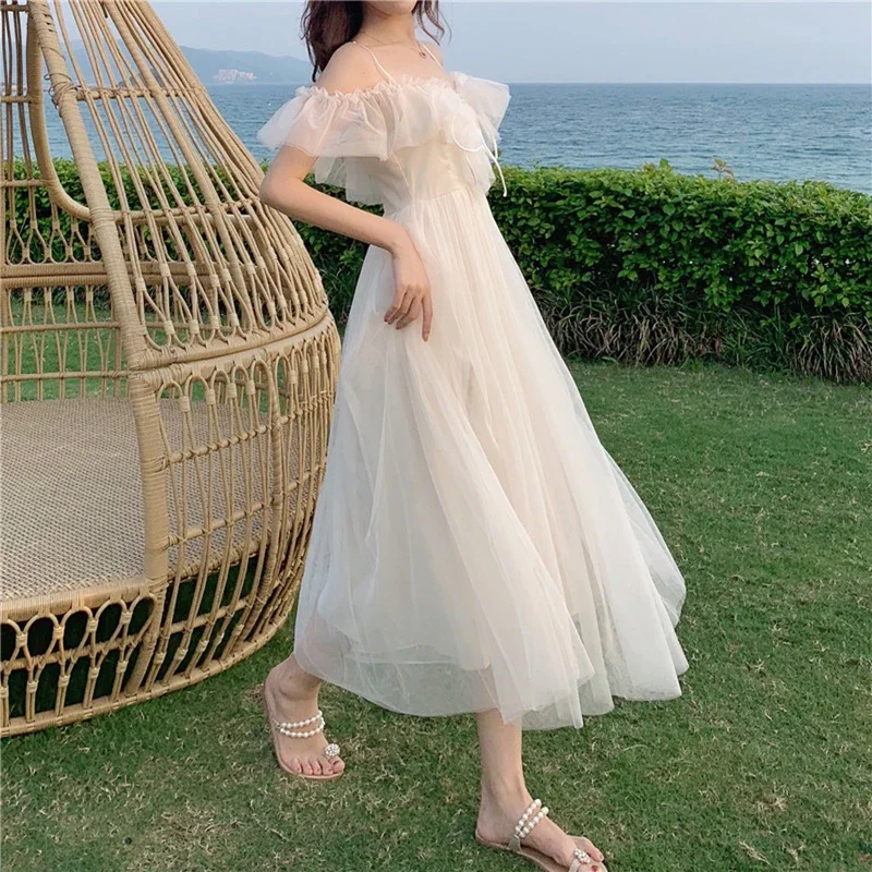 Sexy Summer sweet lolita dress women low chest off shoulder bandage fairy mesh dress female beach boho spaghetti strap dresses o