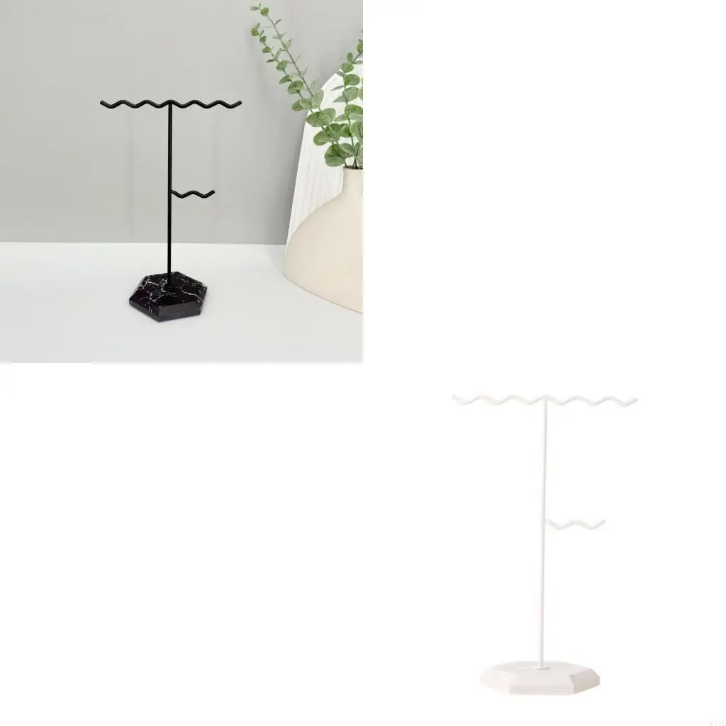 

Jewelry Organiser With Detachable Earring Rack Waved Pattern Necklace Stand Stylish Metal Frame Marble Textured Base