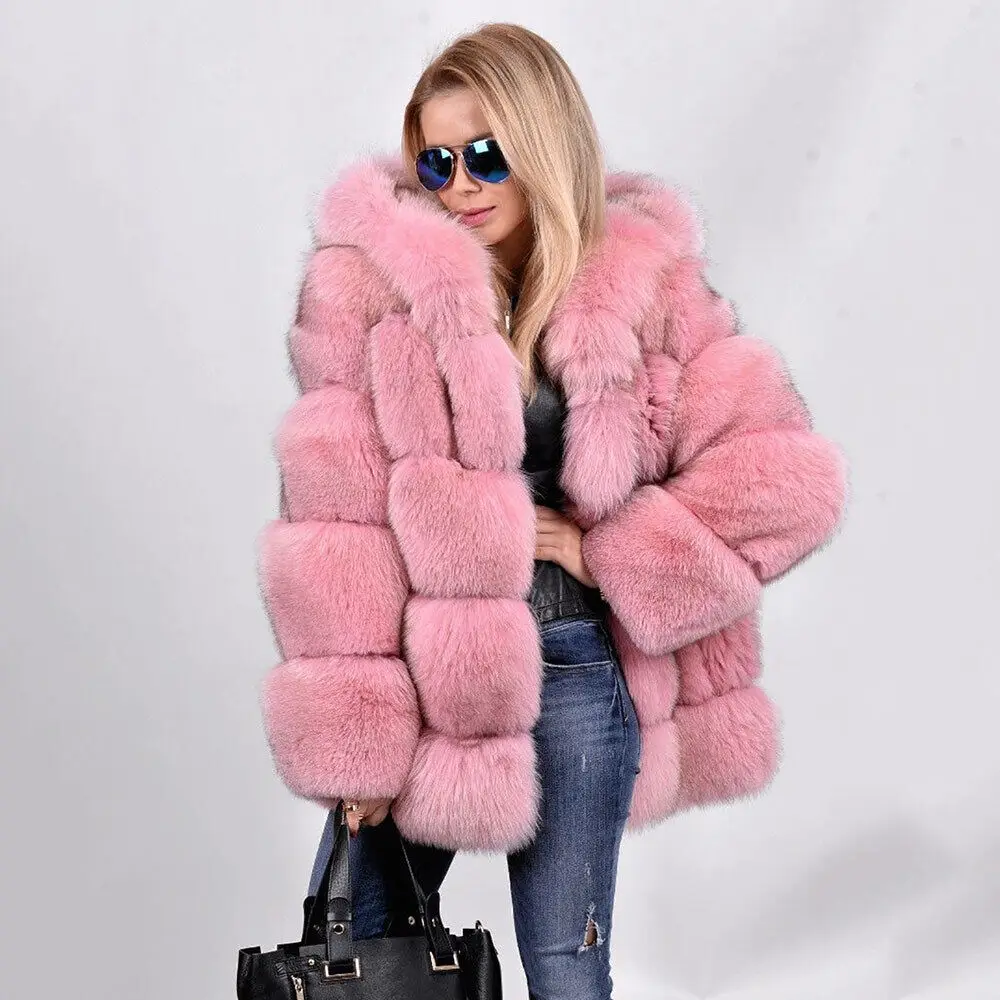 Mode Roze Dames Echte Vossenbontjassen Elegante Natuurlijke Bont Capuchon Warme Dikke Overjas Vrouwelijke Winter Echt Bont Jas