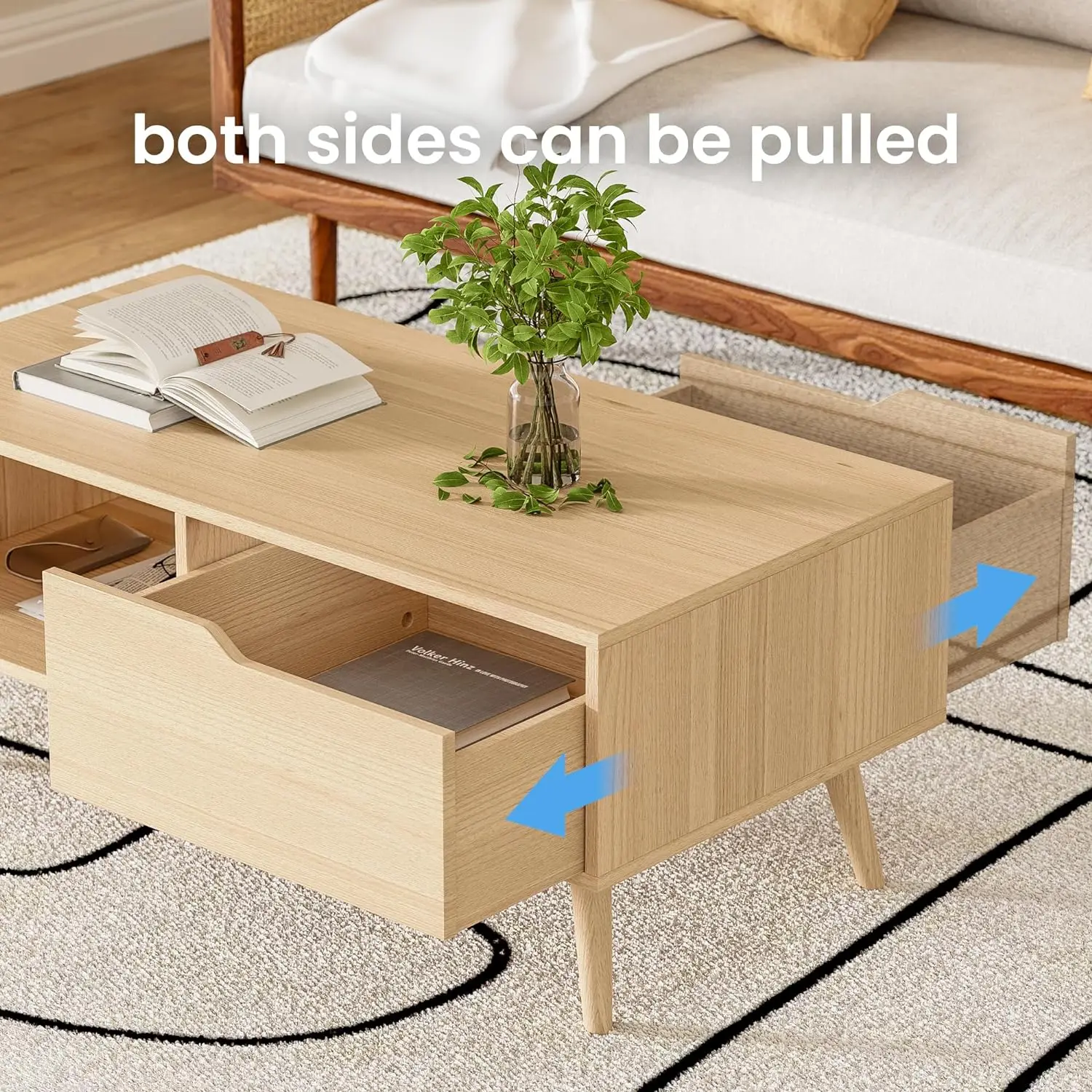 Mesa de centro de roble con cajón y estante, consola sencilla de madera de 39 pulgadas para sala de estar, estilo moderno de mediados de siglo