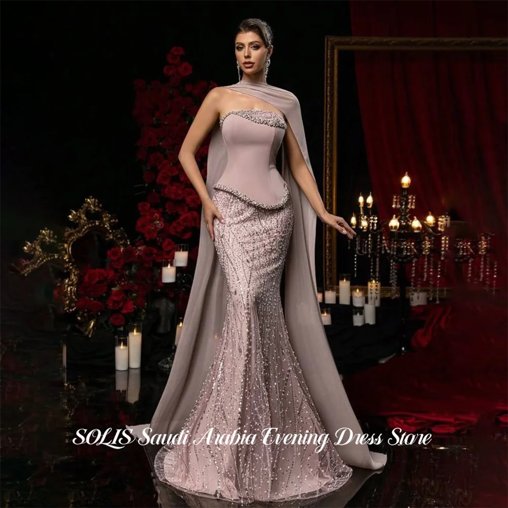 SOLIS Dusty Pink Mermaid Prom Dresses Satin Strapless Celebrity Dresses Beading On Chest Evening Dresses with Scarf Customized