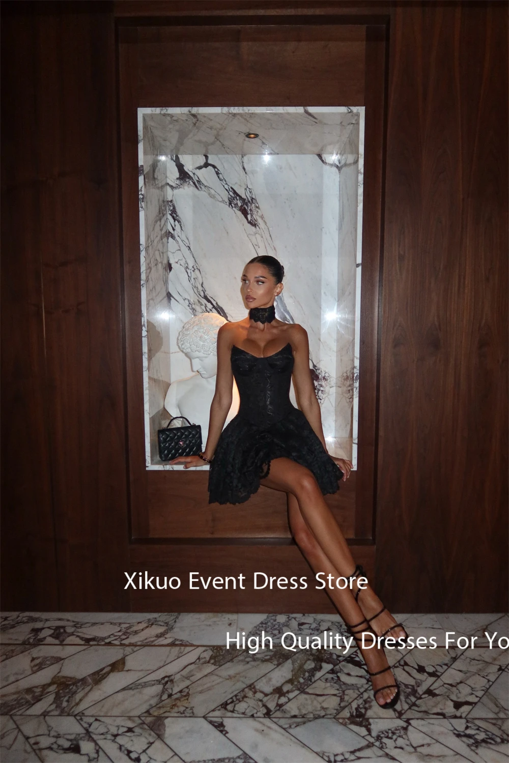 Xikuo ミニブラックレースのイブニングドレス恋人セクシーなコルセットウエディングドレスアップリケ膝上カクテルドレス女性カスタマイズ