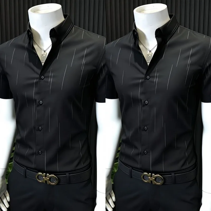 Men Striped Short-sleeved Shirt Summer New Style Trendy Slimming and Cool No-iron Inch Shirt High-end Business Ice-silk Coolness