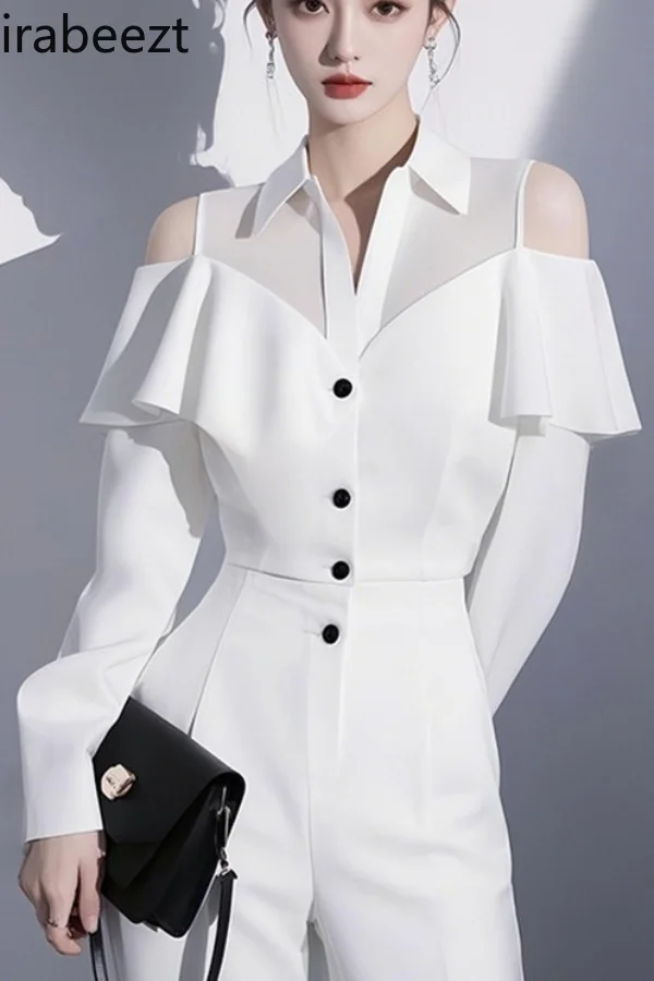 

Spring Outfit High-end European Beautiful and Fashionable White Off-shoulder Shirt and Pants Suit 2 Piece Sets Womens Outfits