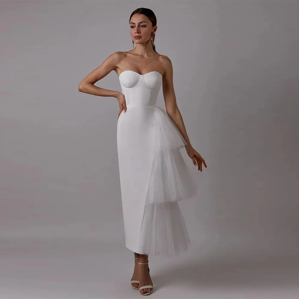 Customized Romantic Organza Evening Dresses Temperament Straight Tea Length Strapless Sleeveless Back Slit Vestidos De Novia