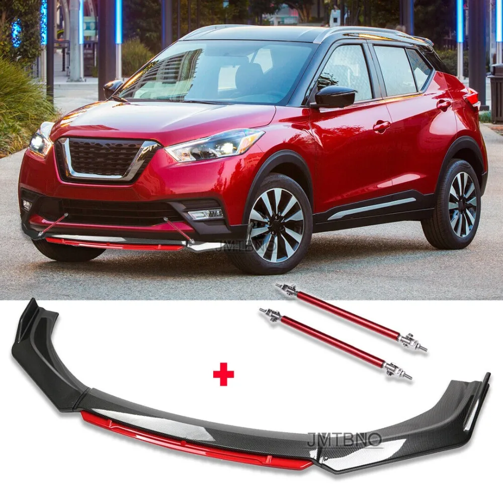 

For Nissan Kicks Front Bumper Lip Spoiler Splitter Carbon Fiber Red + Strut Rods United States