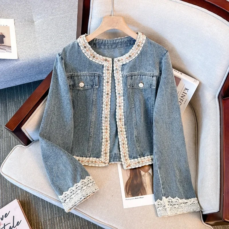 Women's Denim Coat Buttonless Lace Edge O-neck Long Sleeve Female Elegant Short Jackets 2025 Spring New Fashion