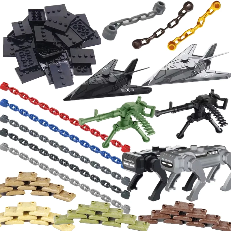 Militaire bouwstenen Soldaatfiguren Basisuitrusting Accessoires Kettingen Zandzak Barricade Mechanisch hondenmodel