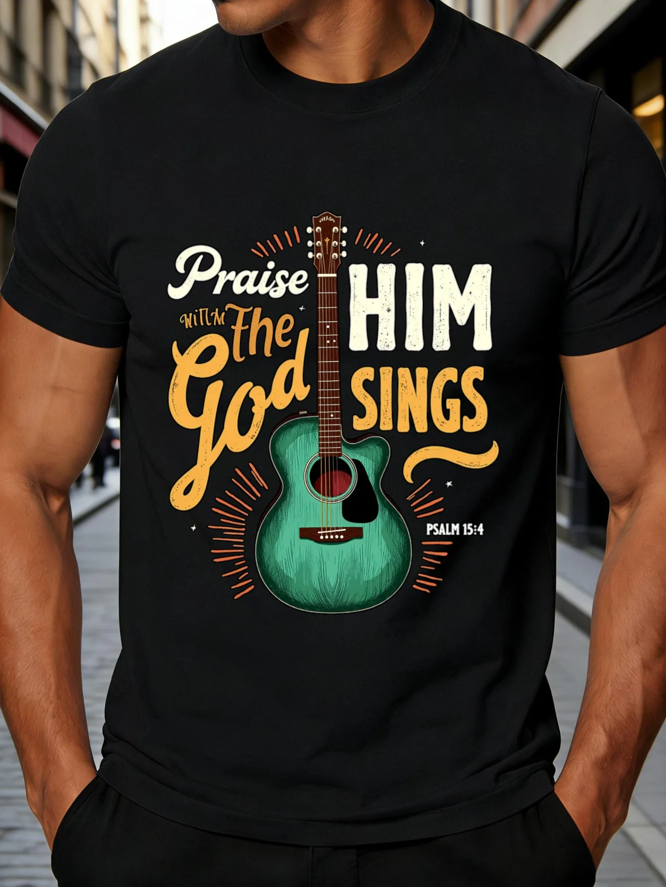 Vintage Typography Men's T-Shirt, Praising God, Psalm 154, Acoustic Guitar Design, Suitable for Music Lovers and Devout Christians, Perfect for Spring and Summer Casual Wear, Ideal Gift for Musicians and Religious Friends