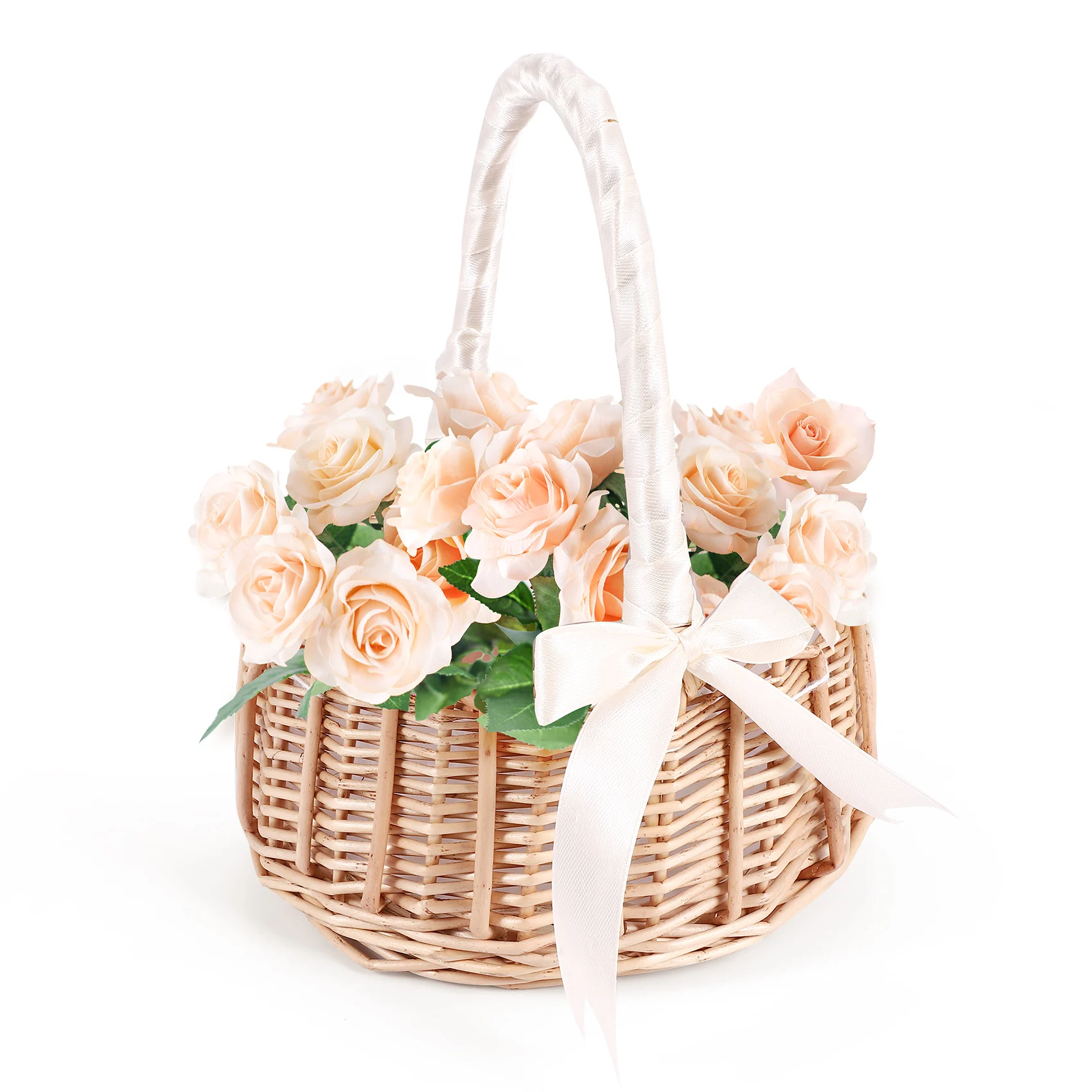 Woven Flower Basket Rattan Storage Basket Flower Girl Hand Basket Handmade Flower Basket with Bow, S