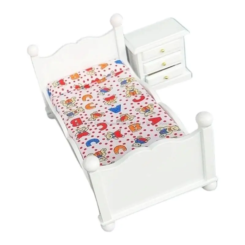 طقم سرير خشبي ومنضدة مقاس 1/12 أثاث مصغر لبيت الدمية للأطفال التظاهر باللعب والعرض القابل للجمع #4