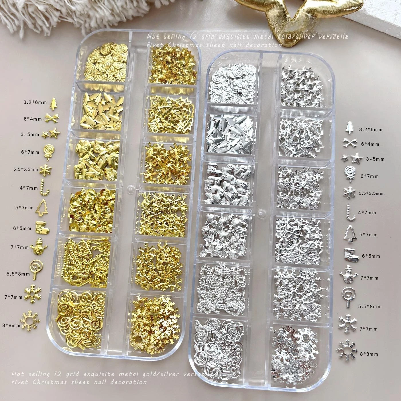 1Pcs 12 Grid Box Alloy Snowflake Flatback Rivet Nail Rhinestones Irregular Charms for Christmas DIY Manicure Nail Art Decoration