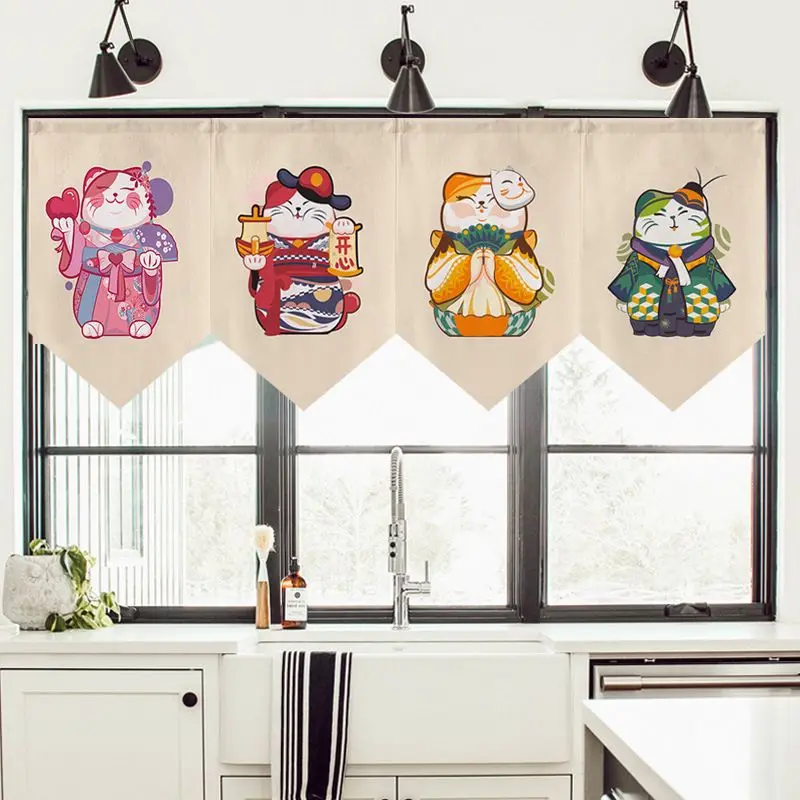 VIKAMA Japanese Cartoon Fortune Cat Triangle Door Head Short Curtain Partition Curtain Triangle Flag Curtain Entrance Home Decor