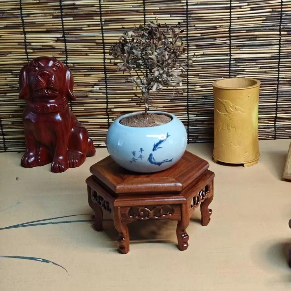 Solid Wood Display Base Rack Hand Carved Teapot Stand Hexagon Wood Base Plant Pot Stand Bonsai Stand Wooden Display Stand Garden