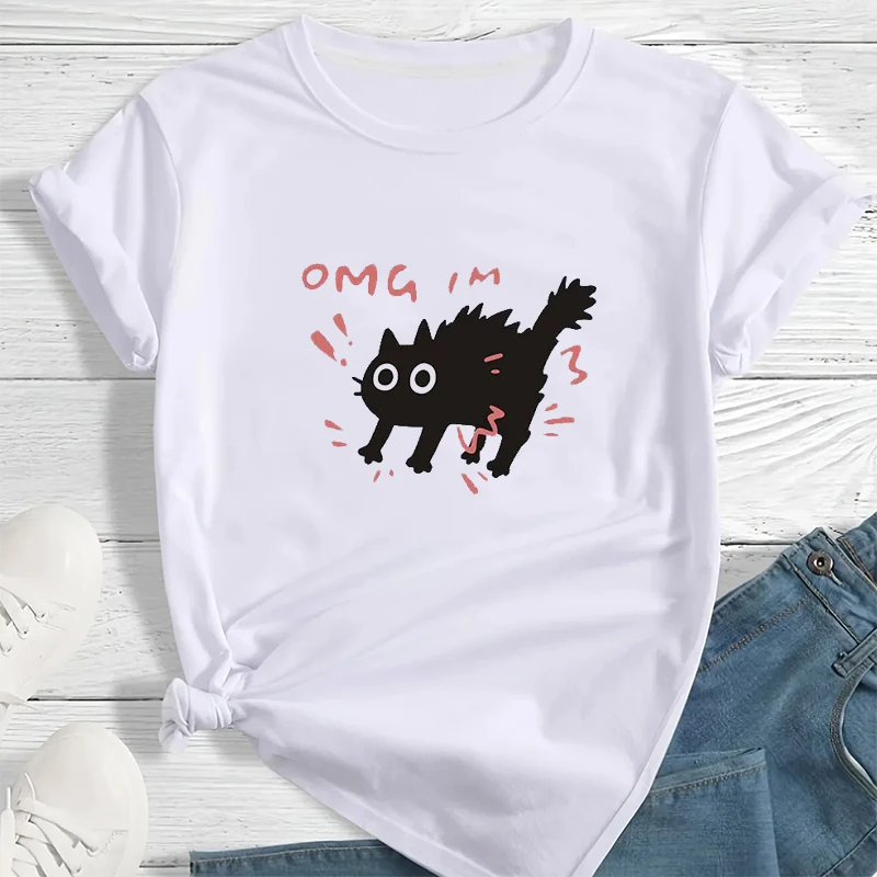 Urocza koszulka damska z grafiką kota i psa, bluzka dla dziewczyny, koszulka dla najlepszej przyjaciółki, krótkie rękawy, styl Y2k, odzież uliczna, ubrania dla par, topy.