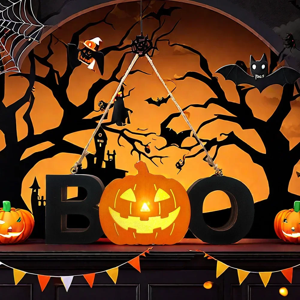 

Halloween Pumpkin Lights Battery Operated Wooden Hanging Sign with Maple Leaves Berries DIY Decorations Festive Party Supplies