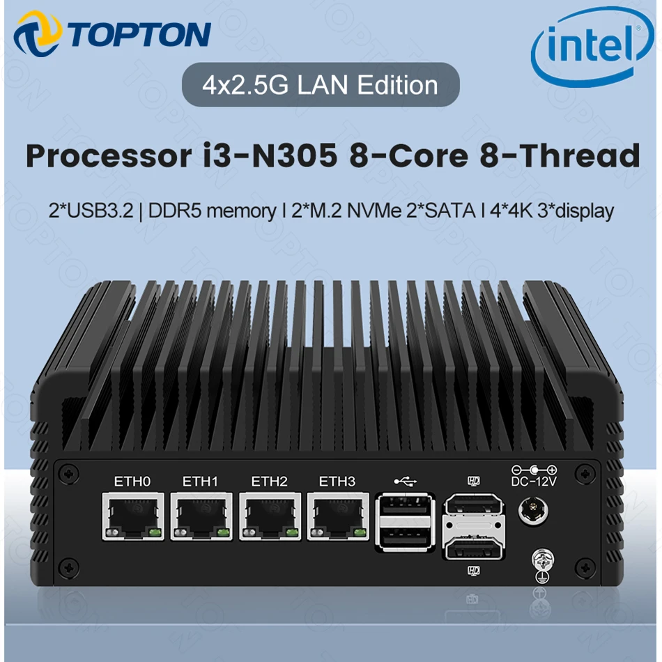 2.5G Firewall Router Intel i3 N355 N305 N150 N100 4xi226-V LANs DDR5 Type-C 6*USB 2*NVMe 2*SATA Fanless Mini PC Proxmox pfSense