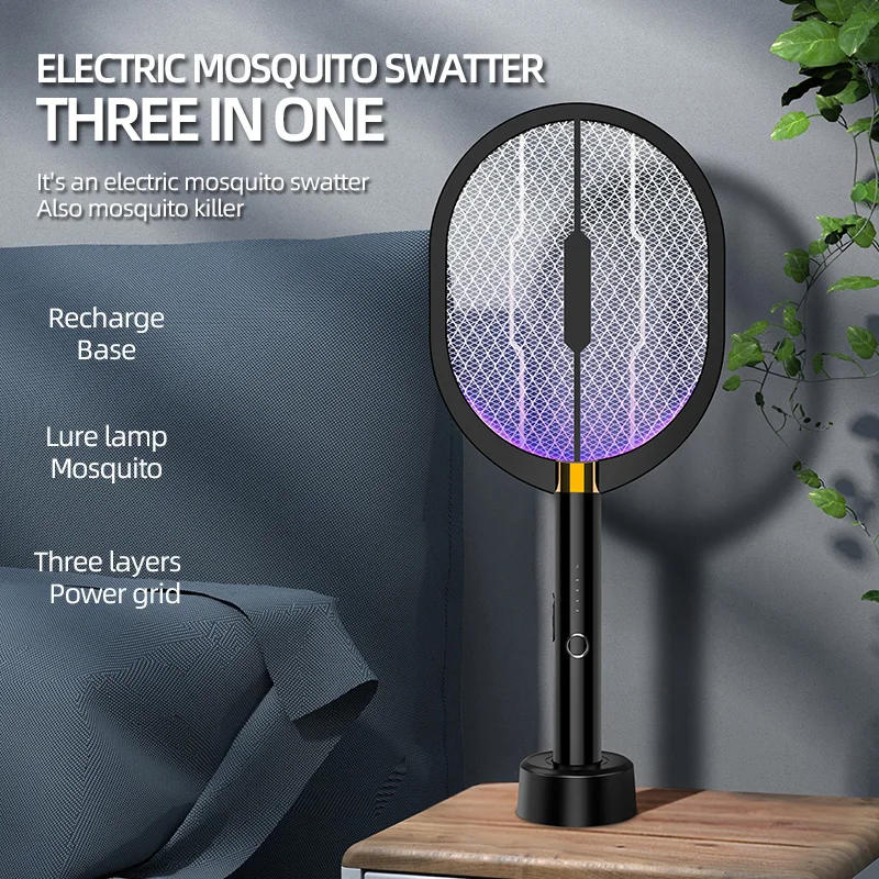 3-in-1 Electric Mosquito Racket With Purple Killer Lamp TYPE-C Rechargeable Electric Bug Zappers Fly Swatter