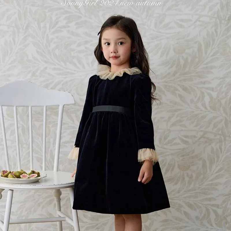 New Autumn Girls Vintage Velvet Black Princess Gown Children Cute Long Sleeve Birthday Party Dress y1419