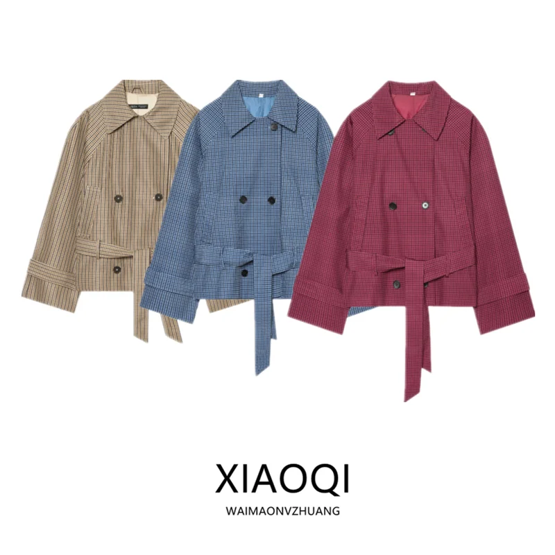 Retro Style Women's Short Coat Windbreaker Plaid Straight Cut Belted Autumn New Arrival Ladies Fashion Compact Outerwear