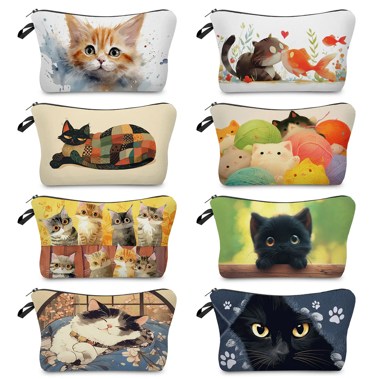 

Casual Cute Cat Print Makeup Bags Kawaii Animal Graphic Travel Toiletry Bags Portable Storage Bags Zipper Lipstick Cosmetic Bags