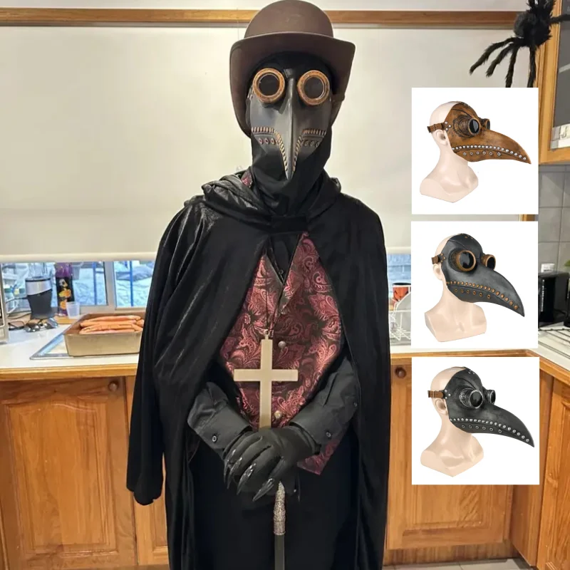 Plague Doctor Costume Set Medieval Leather Bird Billed Beak Mask Hooded Cloak Pointed Hat For Halloween Cosplay Party